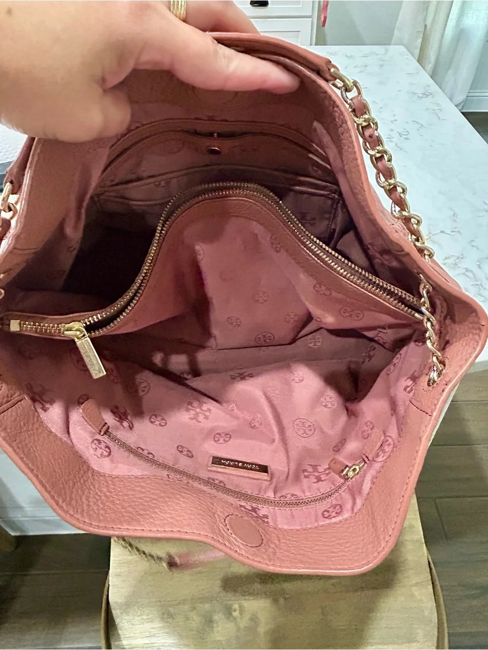 Tory Burch Blush Pink Pebbled Leather Chain Shoulder Bag